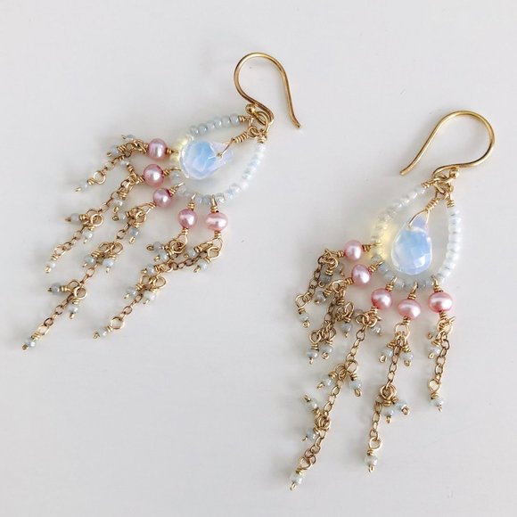 Dainty Blue & Pink Pearl Dangling Earrings - Picture 1 of 4